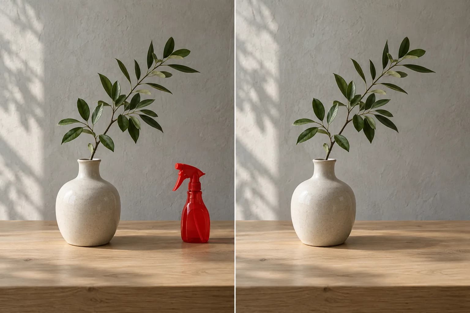 Conceptual comparison of a vase on a table before and after a distracting red spray bottle is removed from the background