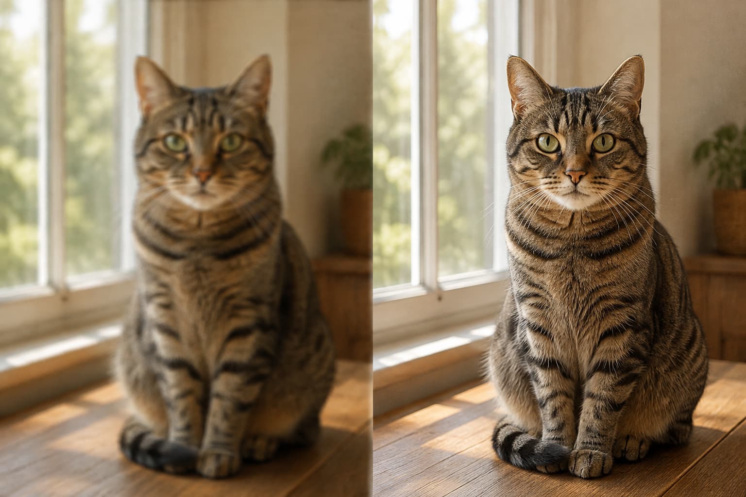 Split comparison of a blurry tabby cat photo and a naturally enhanced version with clearer fur detail
