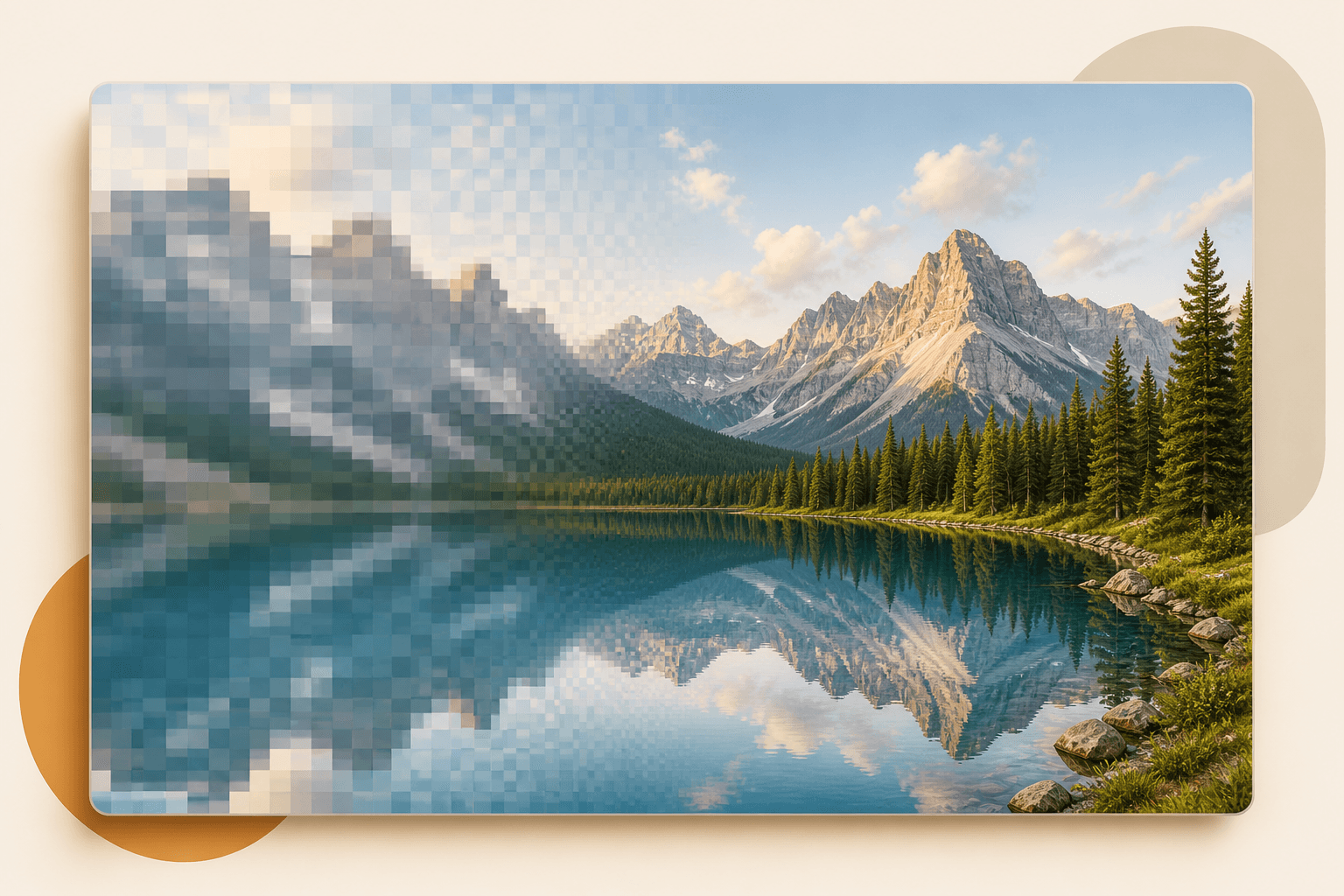 A mountain picture changing from visible pixels to clear detail