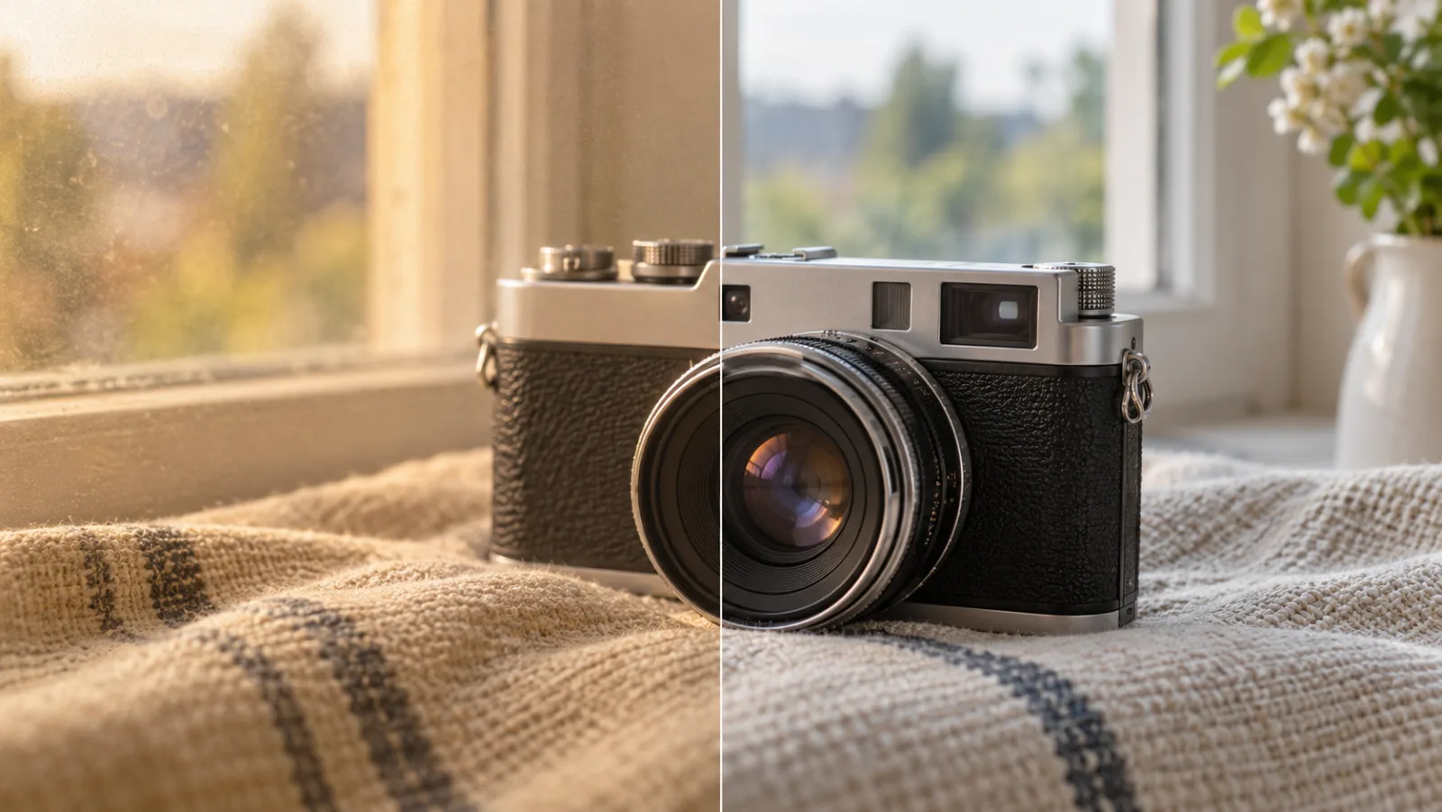 AI-generated illustration of a vintage camera on linen, showing mild softness and a warm color cast beside clearer texture and balanced daylight