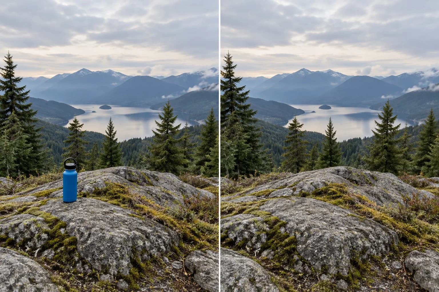 Side-by-side alpine viewpoint photo with a blue bottle on the foreground rock in the original and removed in the edited version
