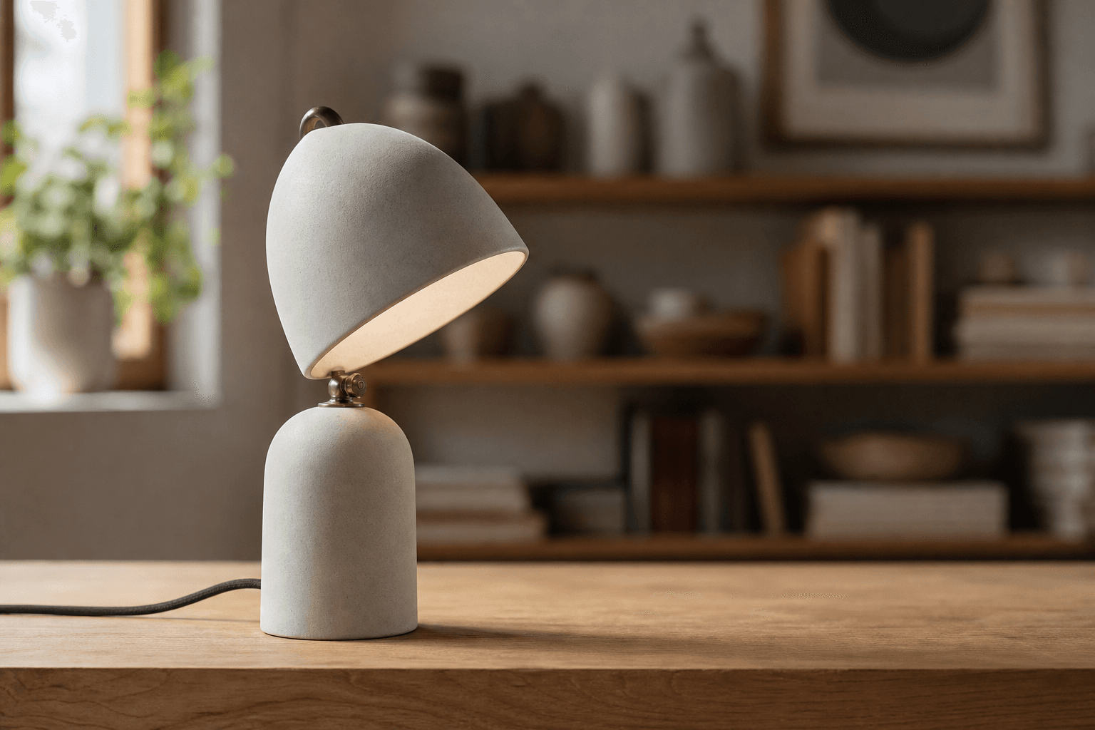 Ceramic desk lamp kept sharp against a softly blurred studio background