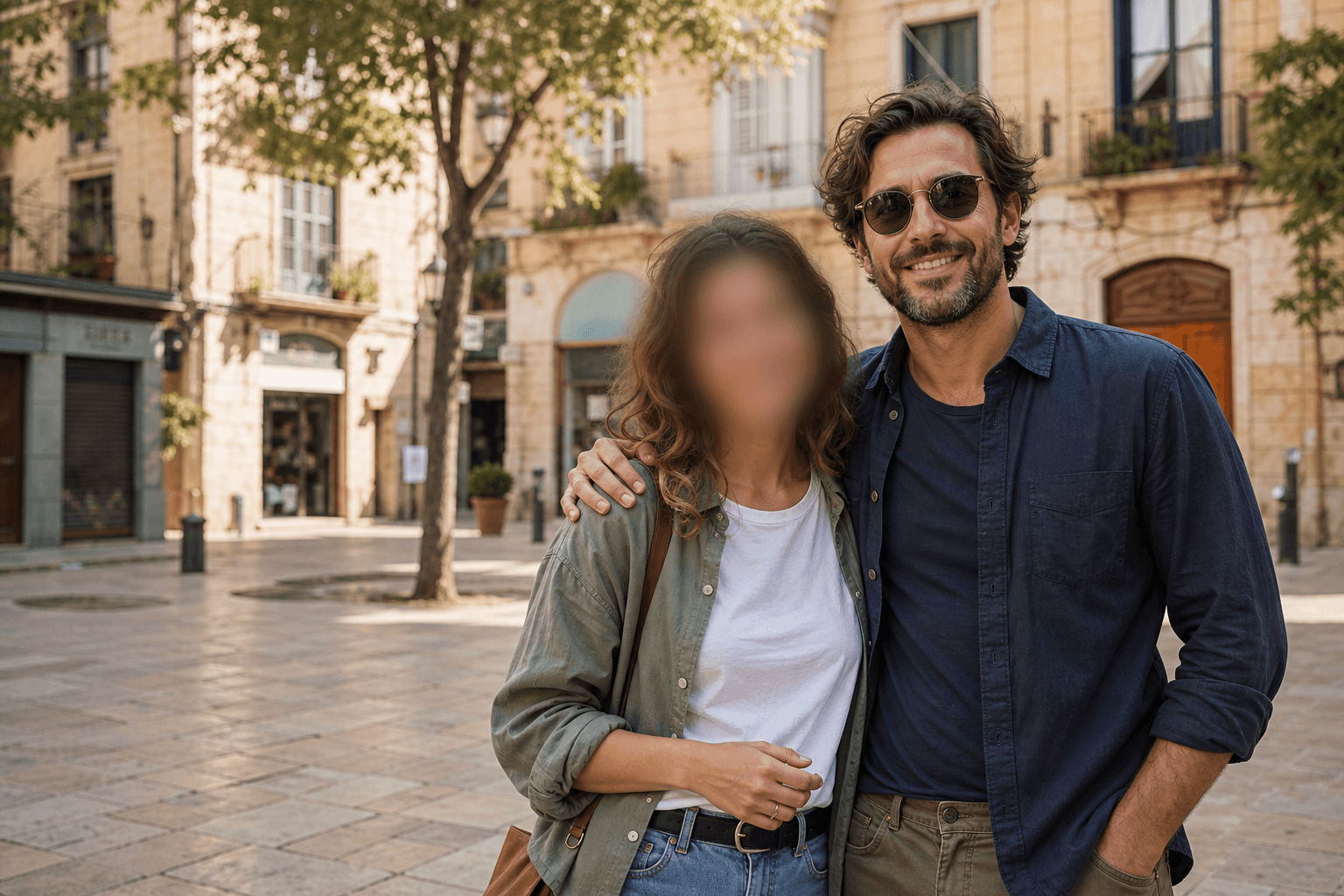 Street portrait with one face softly blurred for privacy while the clothing and plaza stay clear