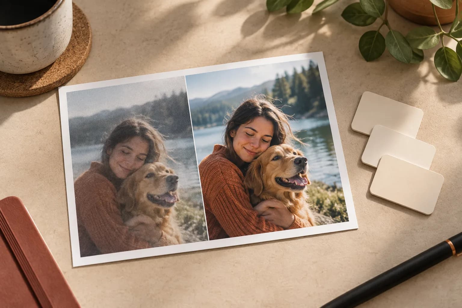 Printed photo showing a soft original beside a naturally enhanced version with blank credit cards on a warm editing desk