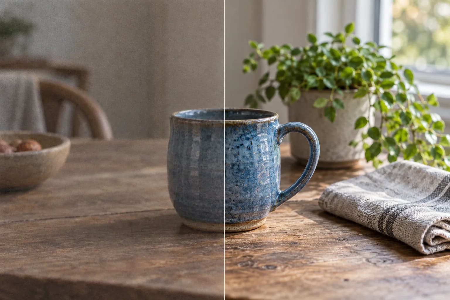 AI-generated illustration of a blue ceramic cup with a noisy left half and a clearer right half in the same scene