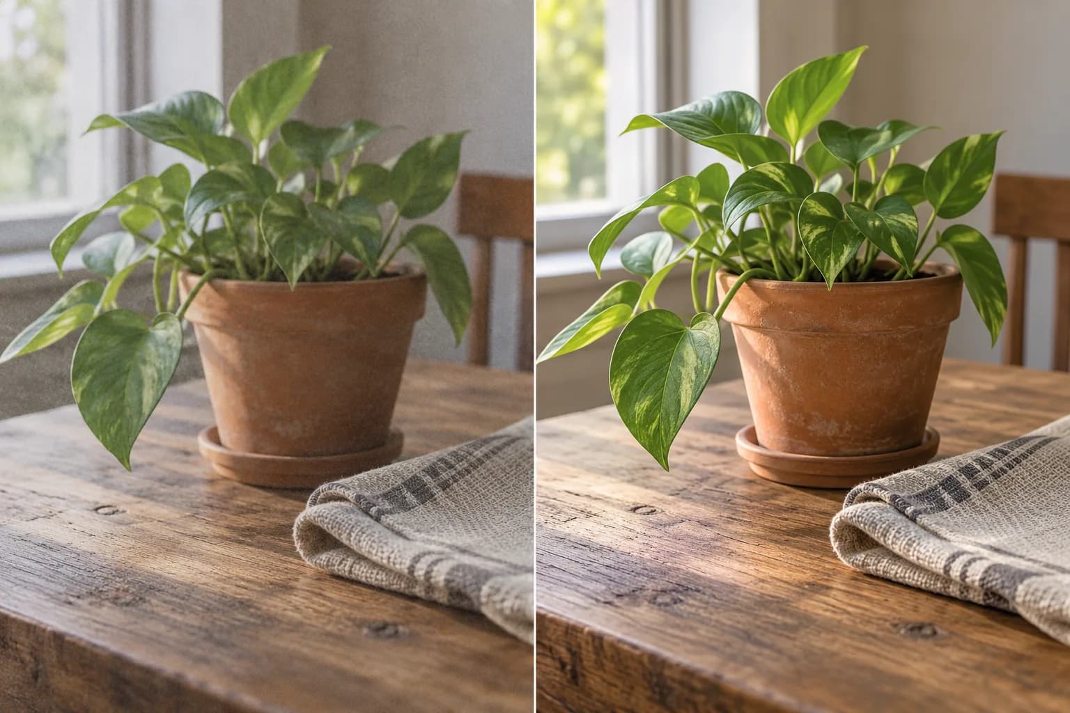 AI-generated split-view illustration of a plant pot and linen on a wooden table, with mild softness on the left and restrained clarity on the right