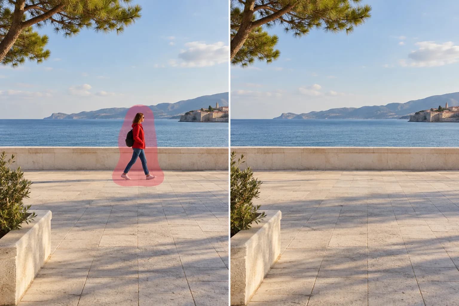 AI-generated concept showing a masked passerby on a seaside promenade beside the same view without the person