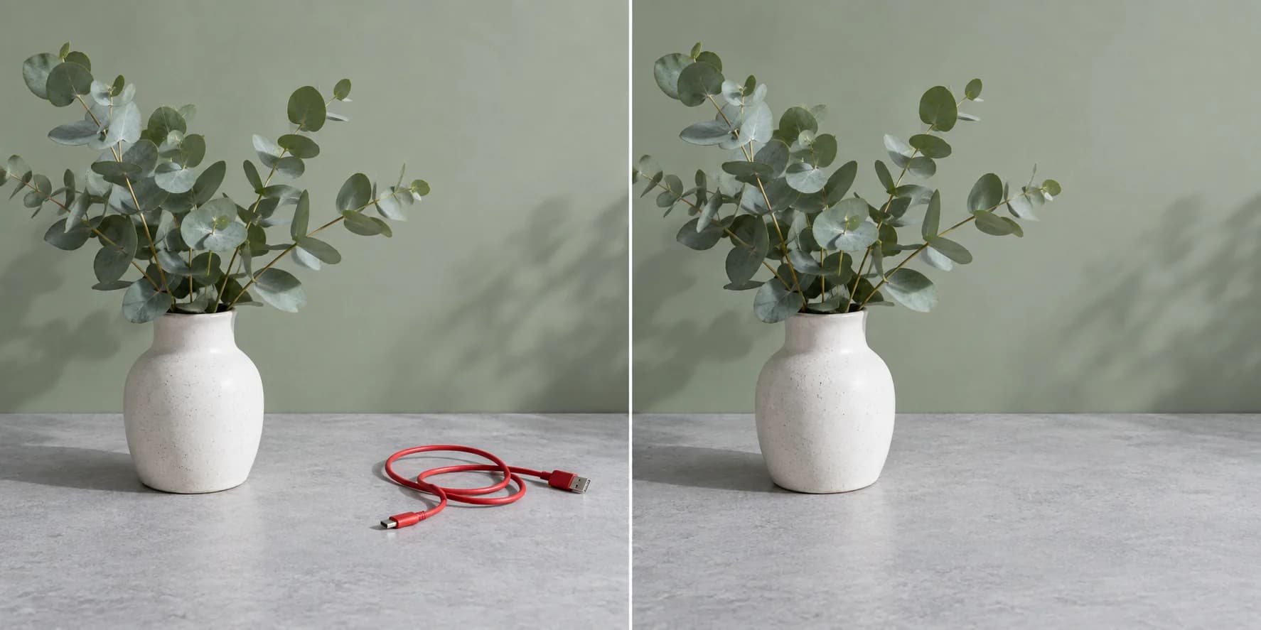 AI-generated comparison of a red cable beside a vase on a gray table and the same composition with the cable removed