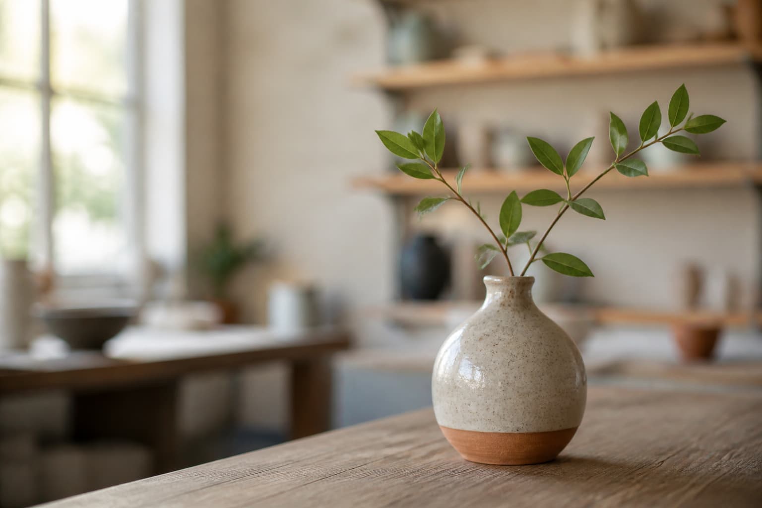 A sharp ceramic vase and green branch on a table with shelves softly blurred behind it