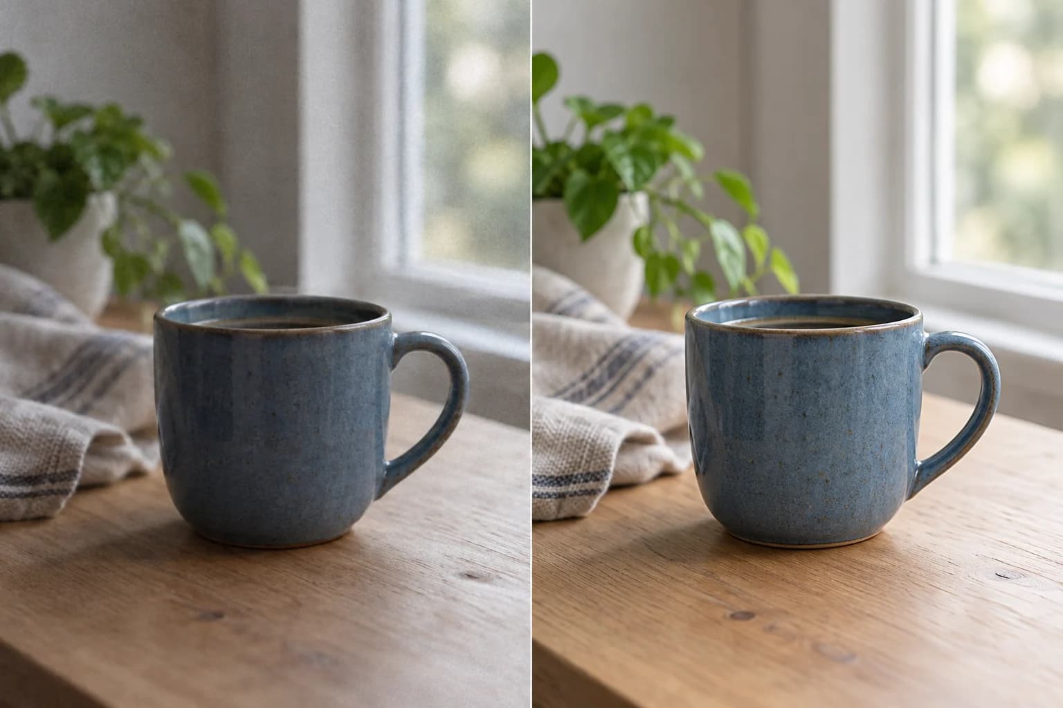 AI-generated editorial illustration showing the same blue ceramic mug before and after a natural photo quality upgrade