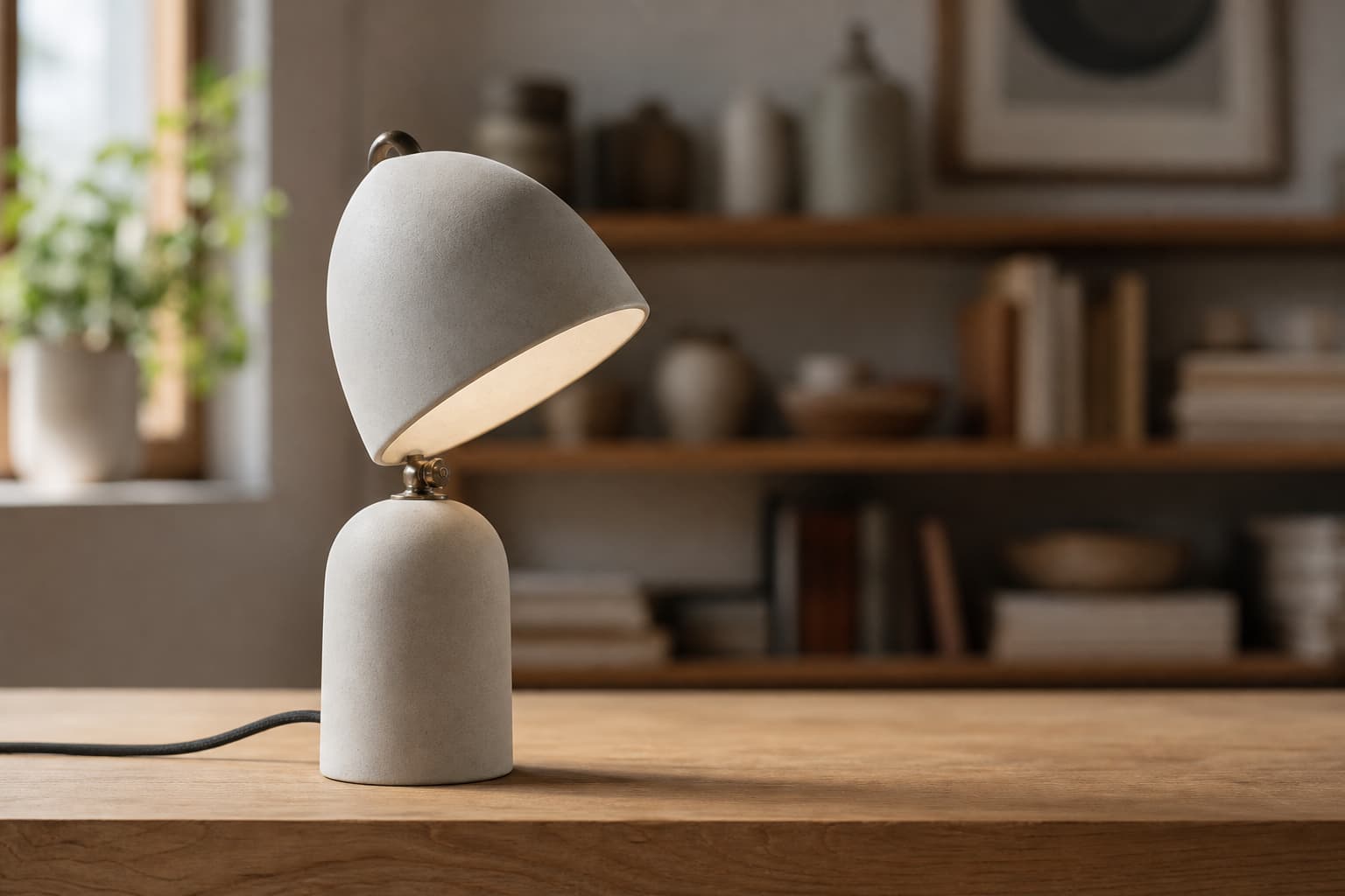 Ceramic desk lamp kept sharp against a softly blurred studio background