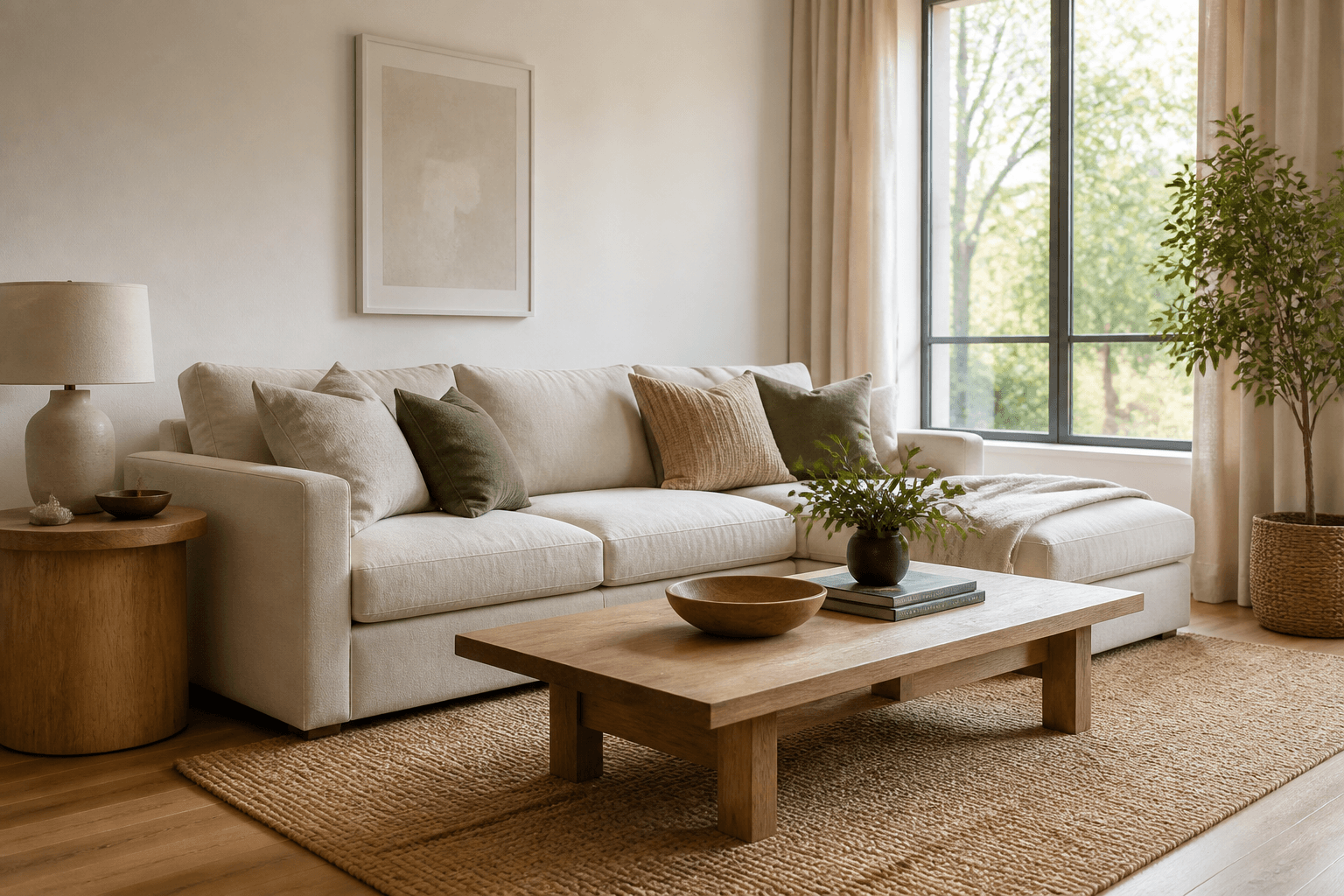Naturally lit living room with clear fabric, wood, and plant detail for an AI image enhancement example